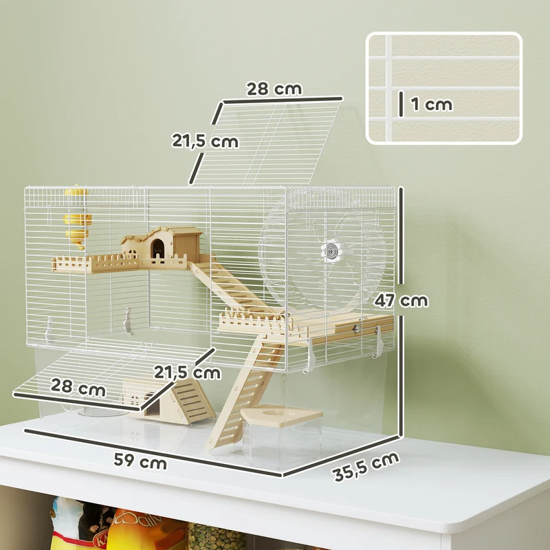 Cage à hamster 3 niveaux 59 x 35,5 x 47 cm bac profond amovible 18 cm roue 23,5 cm moderne épuré en fil d'acier blanc 21_0008011