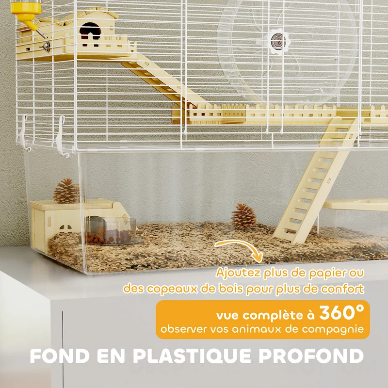Cage à hamster 3 niveaux 59 x 35,5 x 47 cm bac profond amovible 18 cm roue 23,5 cm moderne épuré en fil d'acier blanc 21_0008011