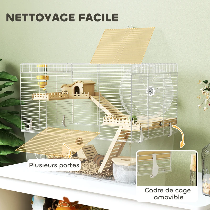 Cage à hamster 3 niveaux 59 x 35,5 x 47 cm bac profond amovible 18 cm roue 23,5 cm moderne épuré en fil d'acier blanc 21_0008011