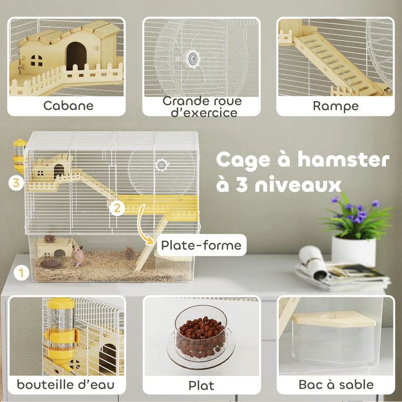 Cage à hamster 3 niveaux 59 x 35,5 x 47 cm bac profond amovible 18 cm roue 23,5 cm moderne épuré en fil d'acier blanc 21_0008011