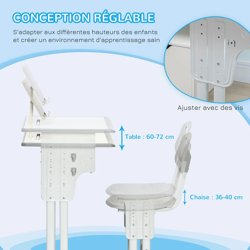 Bureau et chaise enfant réglable 60 x 45 x 90-102 cm avec casier et support livre pour chambre moderne épuré en MDF gris 21_0000192