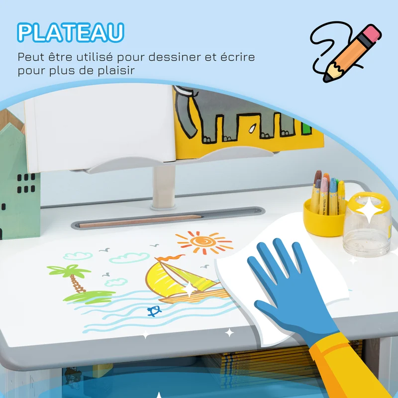 Bureau et chaise enfant réglable 60 x 45 x 90-102 cm avec casier et support livre pour chambre moderne épuré en MDF gris 21_0000192