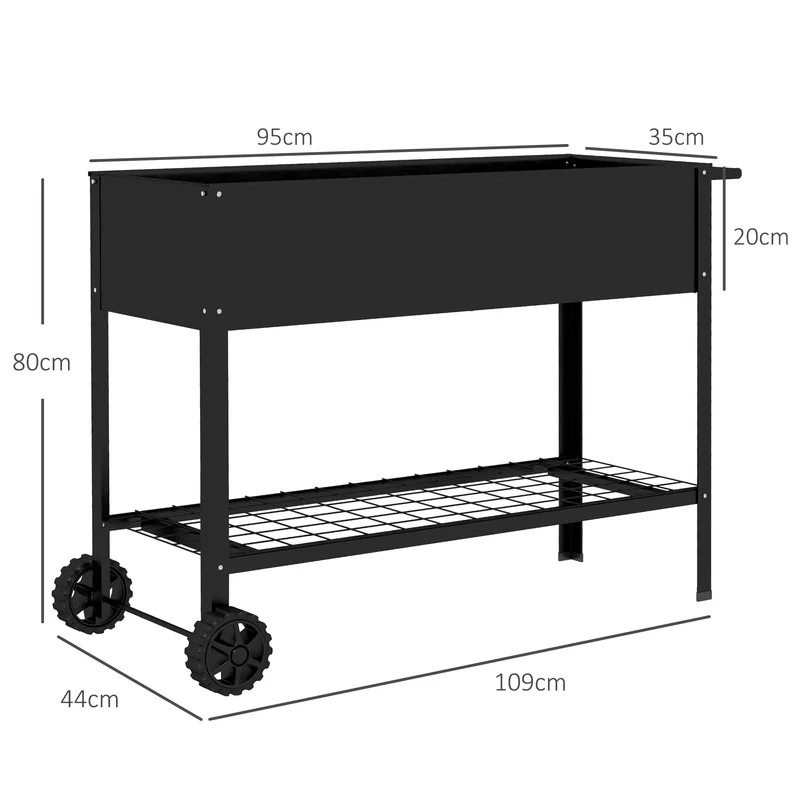 Jardinière potagère sur pieds 109 x 44 x 80 cm avec étagère et insert d'irrigation contemporain épuré en métal noir 21_0004168