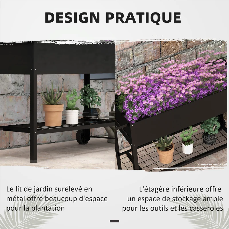 Jardinière potagère sur pieds 109 x 44 x 80 cm avec étagère et insert d'irrigation contemporain épuré en métal noir 21_0004168