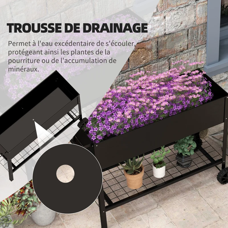 Jardinière potagère sur pieds 109 x 44 x 80 cm avec étagère et insert d'irrigation contemporain épuré en métal noir 21_0004168