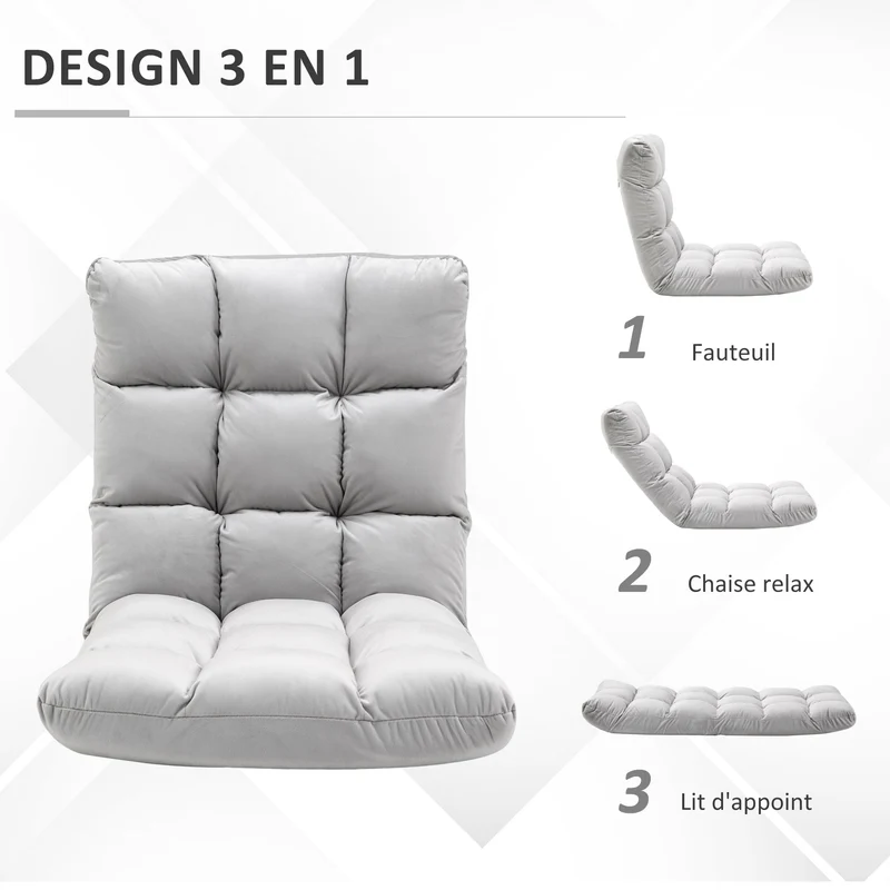 Fauteuil convertible sol 71 x 55 x 53.5 cm dossier inclinable 90° à 180° contemporain en flanelle polyester gris clair 21_0001819