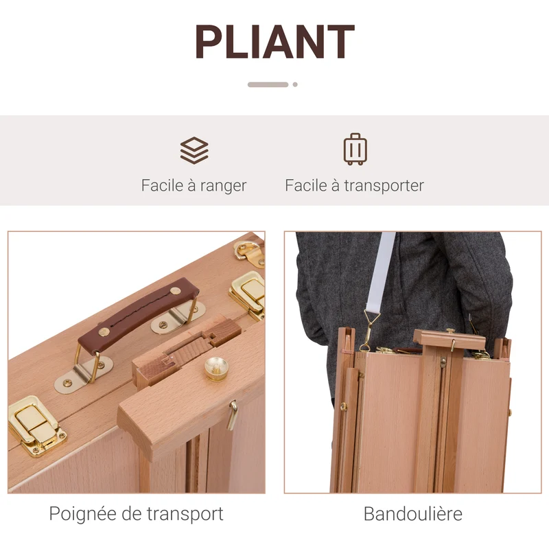 Chevalet d'artiste pliable mallette 50 x 55 x 230 cm rangement hauteur réglable scandinave en bois de hêtre hêtre clair 21_0006100