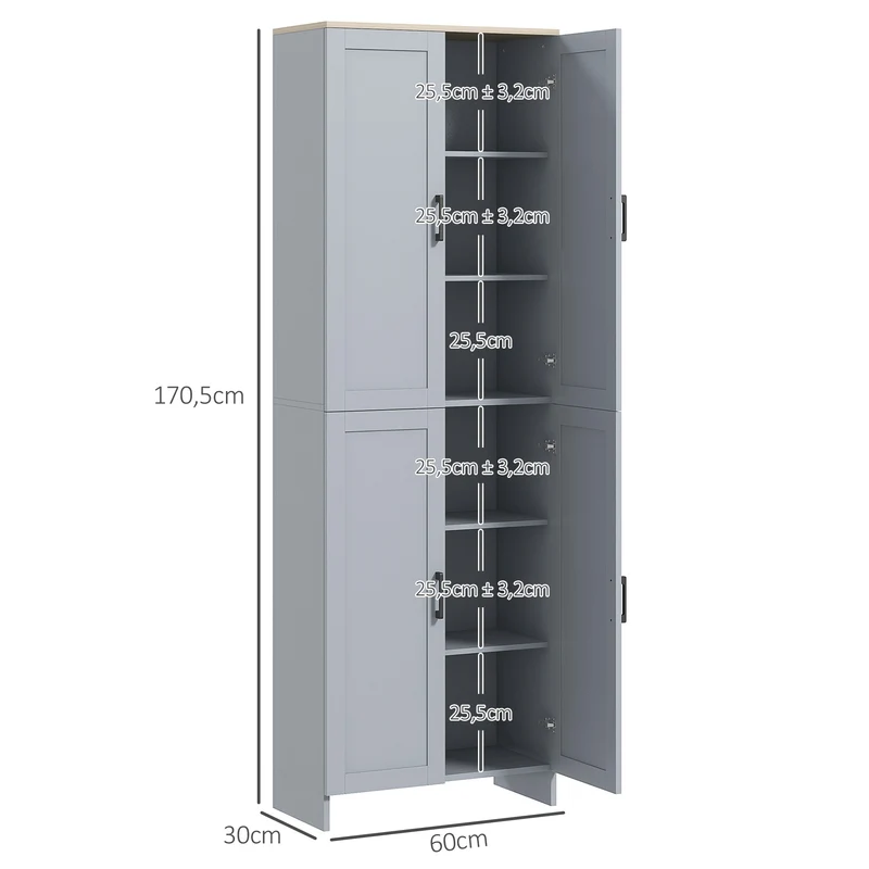 Armoire de cuisine 60 x 30 x 170,5 cm 6 étagères ajustables portes encastrées moderne en panneau de particules gris 21_0002351