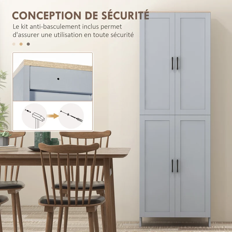 Armoire de cuisine 60 x 30 x 170,5 cm 6 étagères ajustables portes encastrées moderne en panneau de particules gris 21_0002351