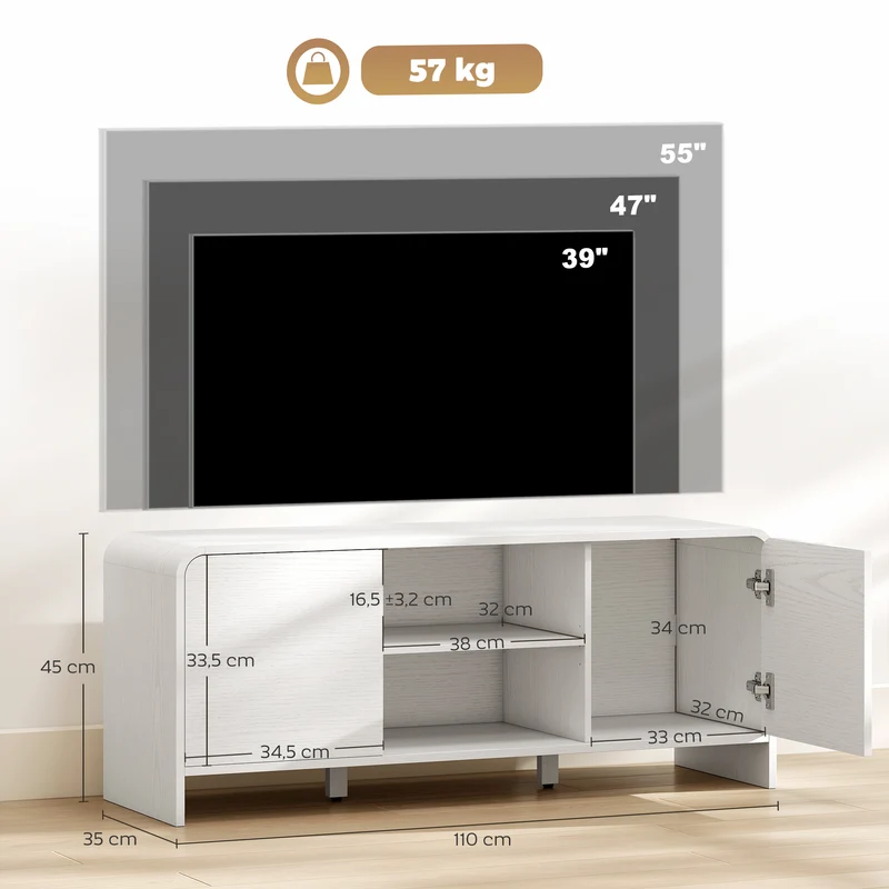 Meuble tv bas salon 110 x 35 x 45 cm rangement modulable étagère réglable coins arrondis scandinave moderne en MDF blanc 21_0003616