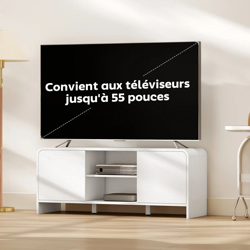 Meuble tv bas salon 110 x 35 x 45 cm rangement modulable étagère réglable coins arrondis scandinave moderne en MDF blanc 21_0003616