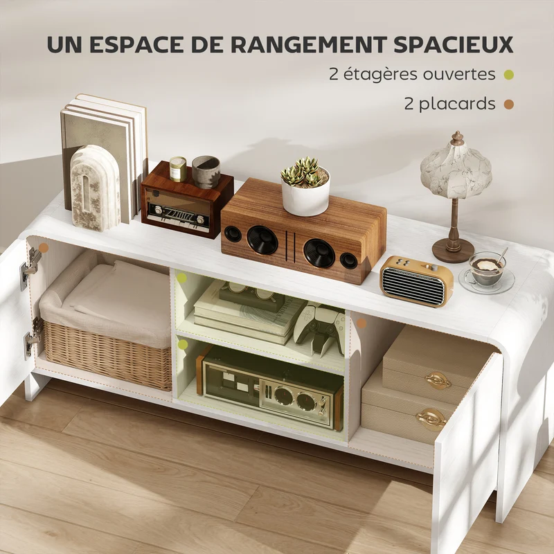 Meuble tv bas salon 110 x 35 x 45 cm rangement modulable étagère réglable coins arrondis scandinave moderne en MDF blanc 21_0003616