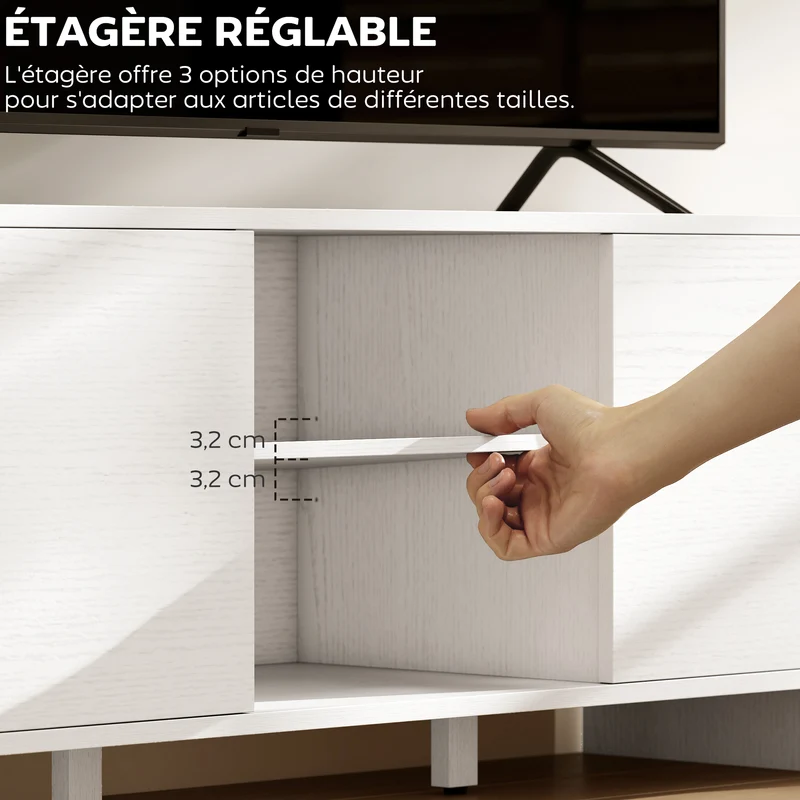 Meuble tv bas salon 110 x 35 x 45 cm rangement modulable étagère réglable coins arrondis scandinave moderne en MDF blanc 21_0003616