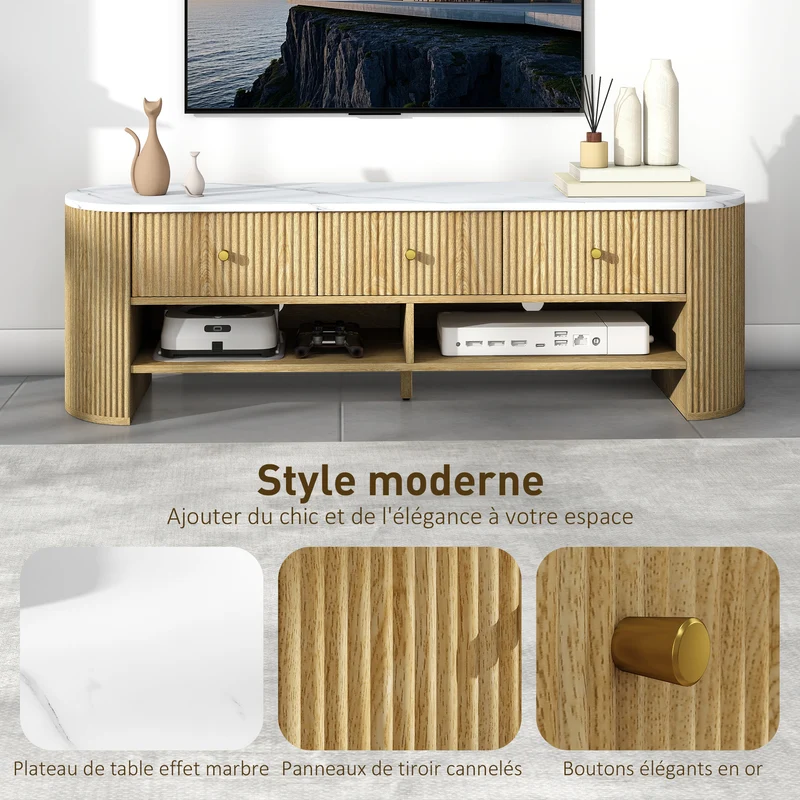 Meuble de télévision salon 140 x 40 x 43 cm 3 tiroirs passage câbles rangements contemporain épuré en MDF bois naturel 21_0003549