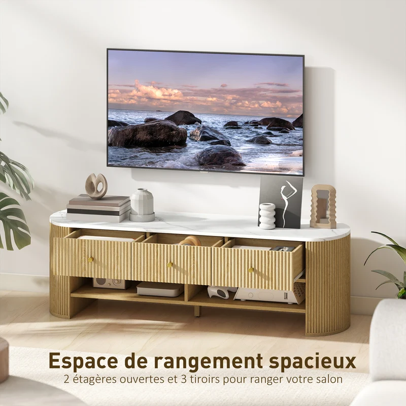 Meuble de télévision salon 140 x 40 x 43 cm 3 tiroirs passage câbles rangements contemporain épuré en MDF bois naturel 21_0003549