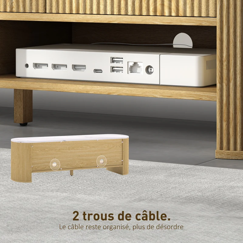 Meuble de télévision salon 140 x 40 x 43 cm 3 tiroirs passage câbles rangements contemporain épuré en MDF bois naturel 21_0003549