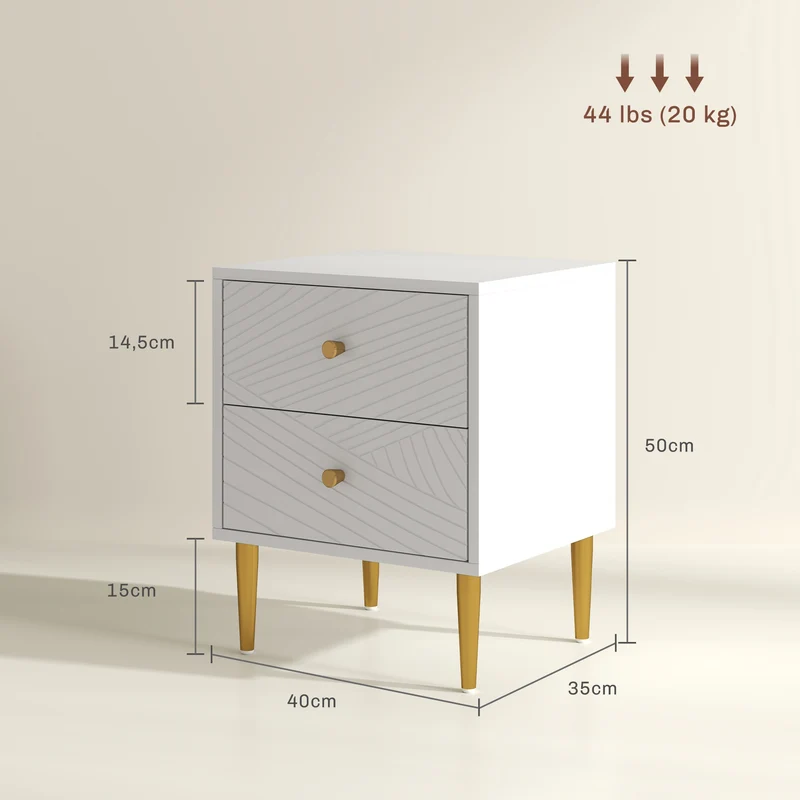 Table de chevet 40 x 35 x 50 cm 2 tiroirs rangement spacieux poignées ton or pieds acier moderne épuré en MDF blanc 21_0001626