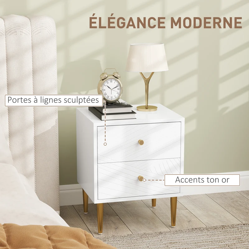 Table de chevet 40 x 35 x 50 cm 2 tiroirs rangement spacieux poignées ton or pieds acier moderne épuré en MDF blanc 21_0001626