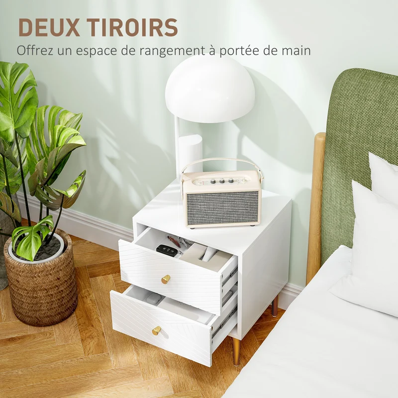 Table de chevet 40 x 35 x 50 cm 2 tiroirs rangement spacieux poignées ton or pieds acier moderne épuré en MDF blanc 21_0001626