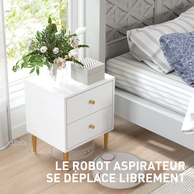 Table de chevet 40 x 35 x 50 cm 2 tiroirs rangement spacieux poignées ton or pieds acier moderne épuré en MDF blanc 21_0001626