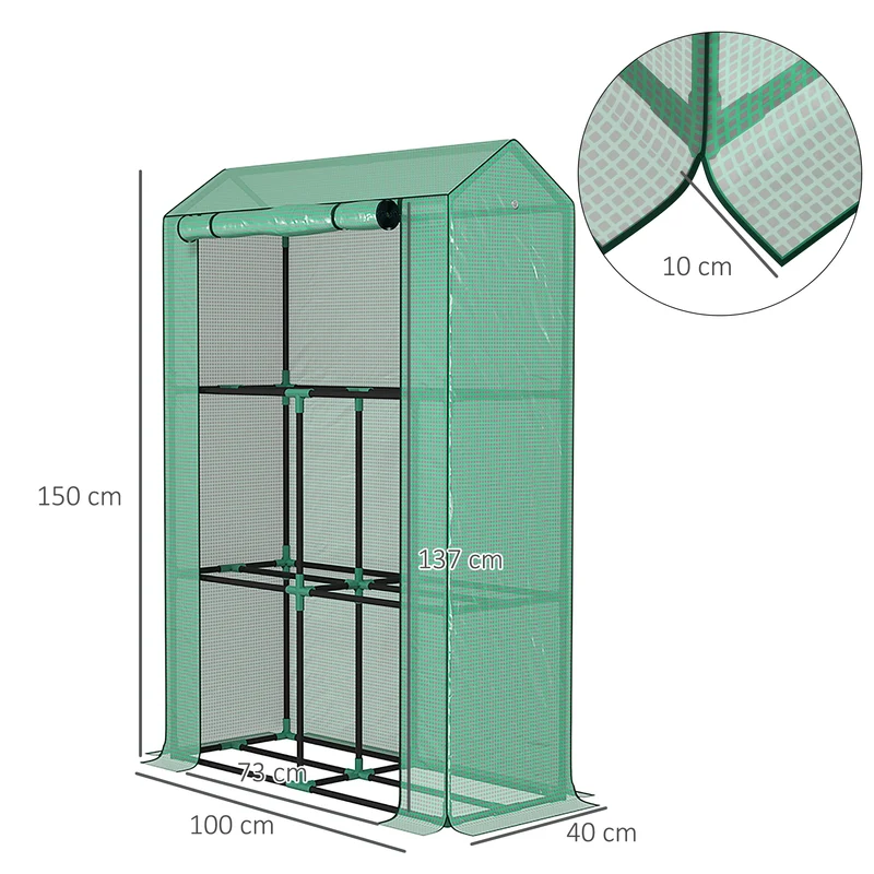 Serre de jardin trois niveaux 100 x 40 x 150 cm porte enroulable protection anti uv design moderne en polyéthylène vert 21_0005502