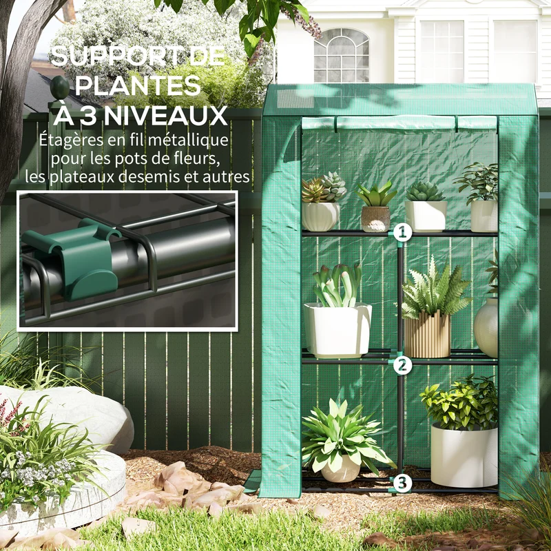 Serre de jardin trois niveaux 100 x 40 x 150 cm porte enroulable protection anti uv design moderne en polyéthylène vert 21_0005502