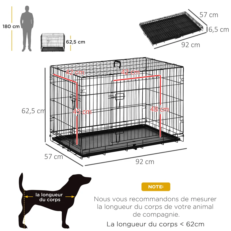 Lot de 2 cages pour chien 92 x 57 x 62,5 cm pliables double loquet sécurisée plateau amovible moderne en acier noir 21_0007322