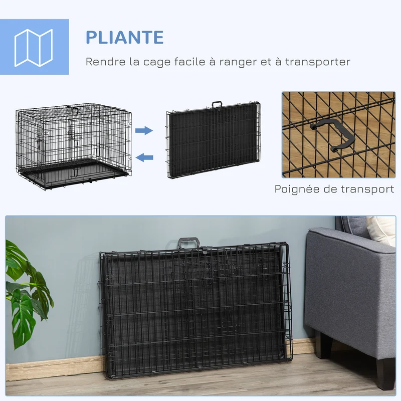 Lot de 2 cages pour chien 92 x 57 x 62,5 cm pliables double loquet sécurisée plateau amovible moderne en acier noir 21_0007322