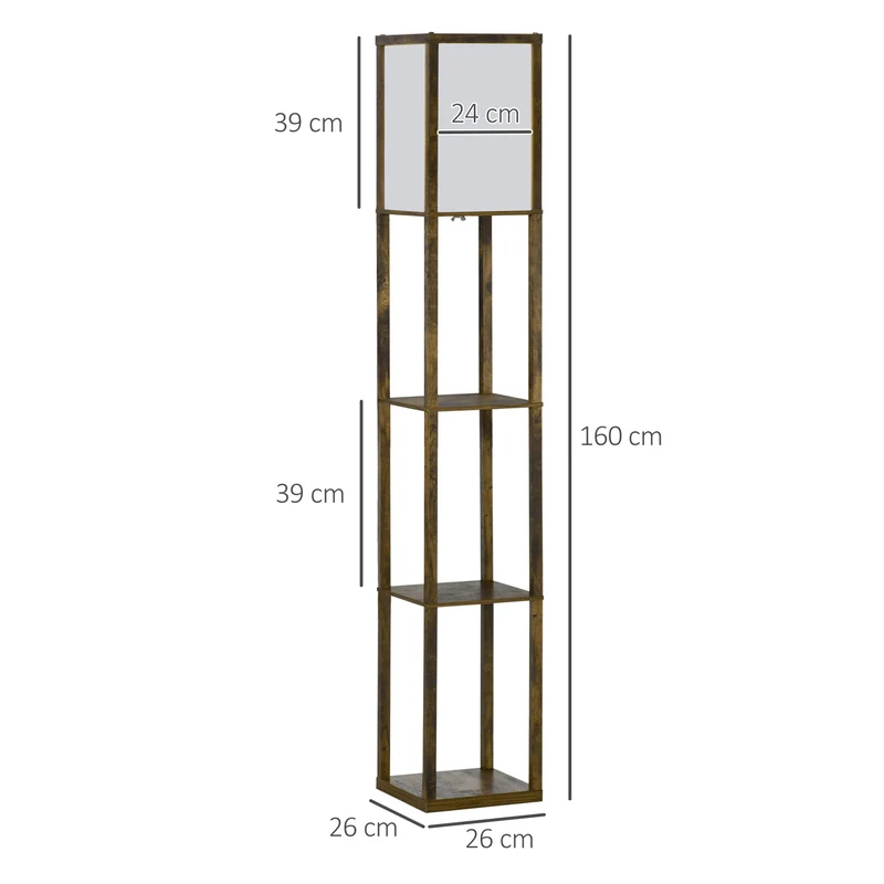 Lampadaire étagère salon 26 x 26 x 160 cm rangement 3 étagères éclairage intégré style contemporain épuré en MDF marron 21_0001746
