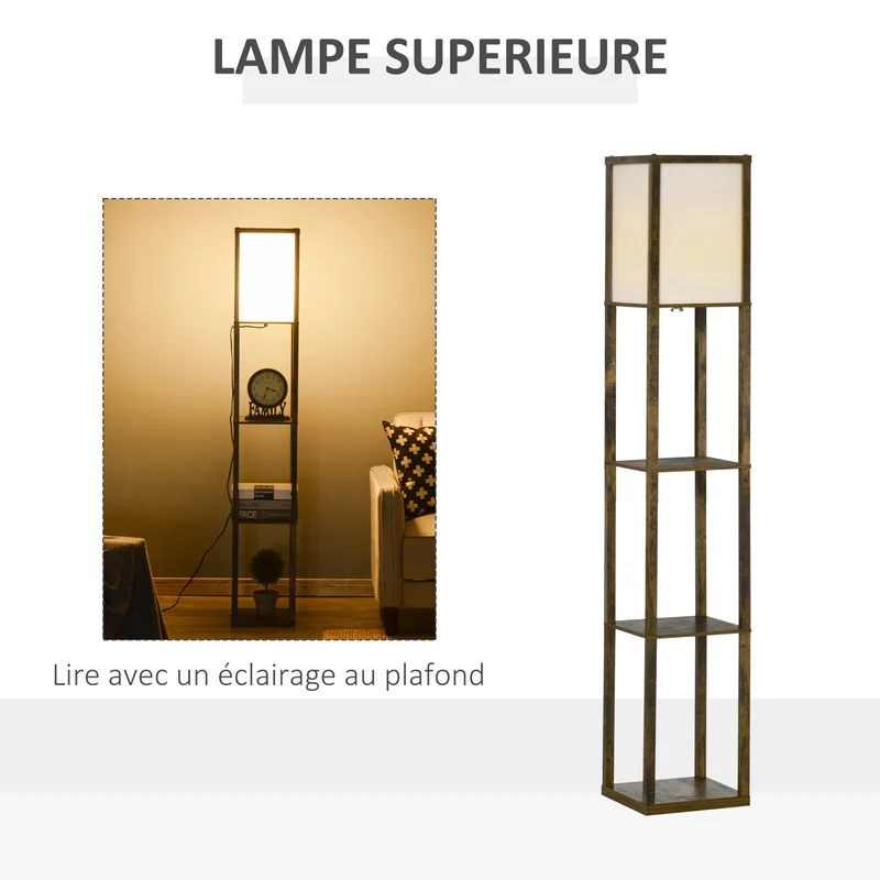 Lampadaire étagère salon 26 x 26 x 160 cm rangement 3 étagères éclairage intégré style contemporain épuré en MDF marron 21_0001746