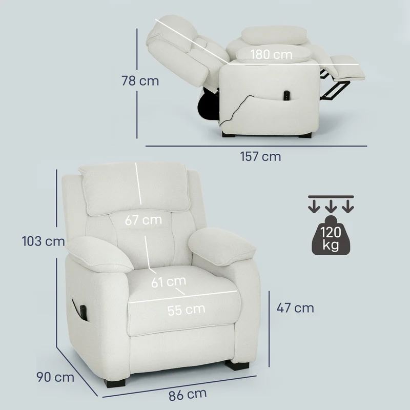 Fauteuil inclinable motorisé 86 x 90 x 103 cm repose-pieds positions mémorisables moderne contemporain en velours crème 21_0003622