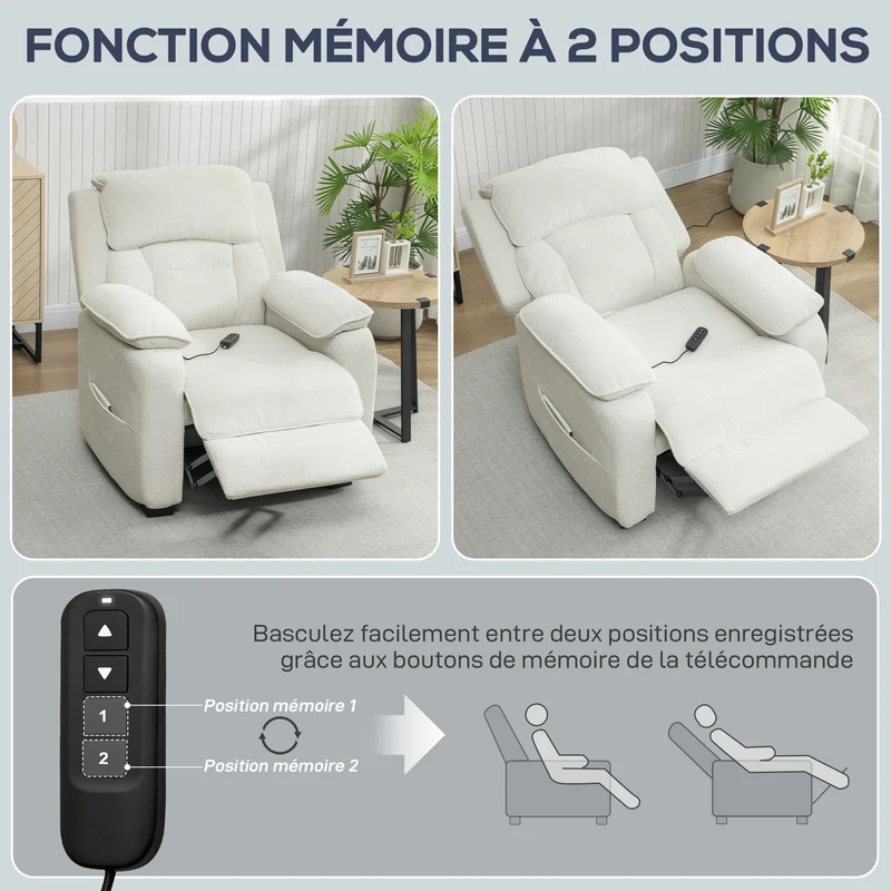 Fauteuil inclinable motorisé 86 x 90 x 103 cm repose-pieds positions mémorisables moderne contemporain en velours crème 21_0003622
