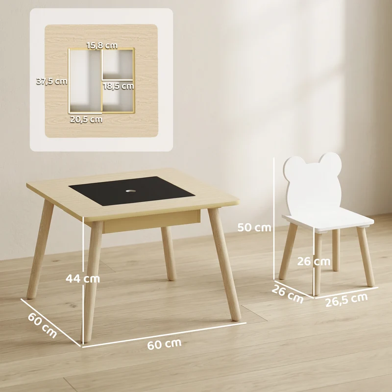 Ensemble table et chaises enfant forme ours 60 x 60 x 44 cm plateau réversible rangement scandinave en MDF bois naturel 21_0000212