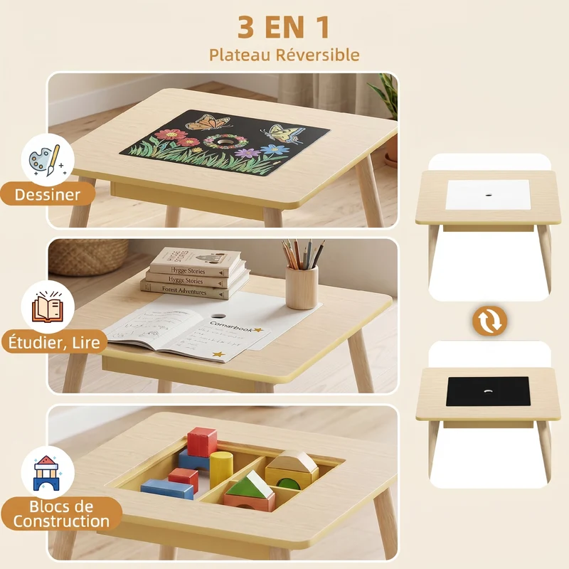Ensemble table et chaises enfant forme ours 60 x 60 x 44 cm plateau réversible rangement scandinave en MDF bois naturel 21_0000212