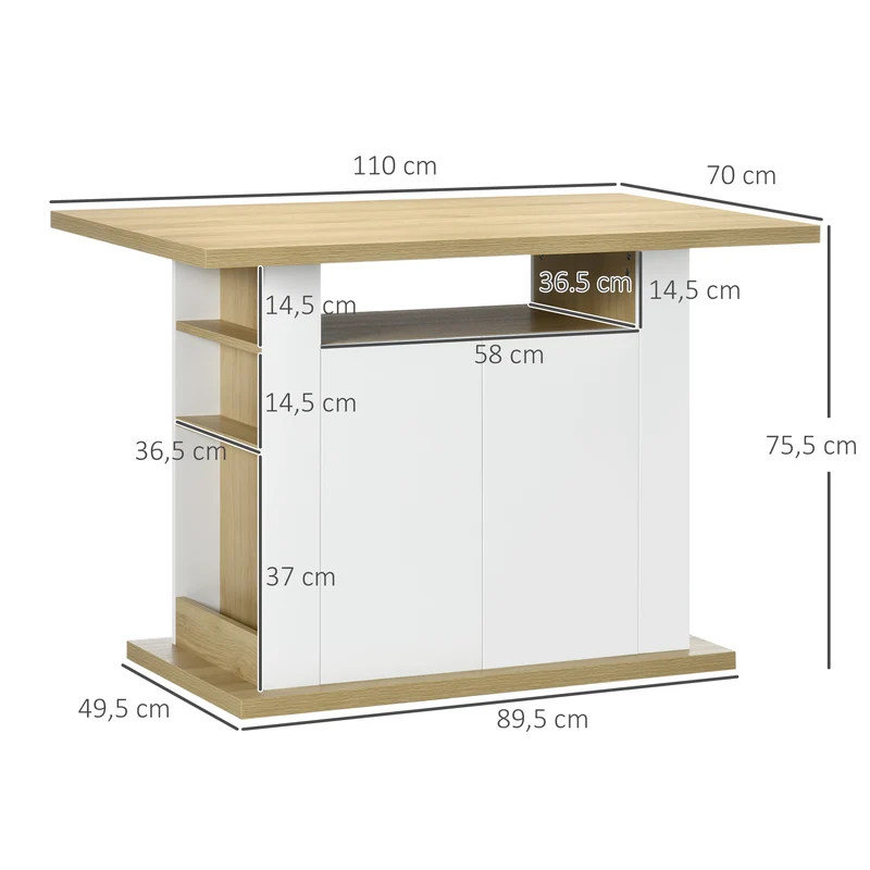 Table îlot cuisine 110 x 70 x 75,5 cm 4 personnes rangements portes étagères moderne épuré en panneau de particules blanc 21_0002333