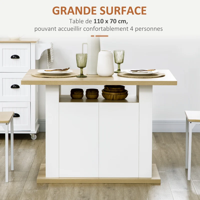 Table îlot cuisine 110 x 70 x 75,5 cm 4 personnes rangements portes étagères moderne épuré en panneau de particules blanc 21_0002333