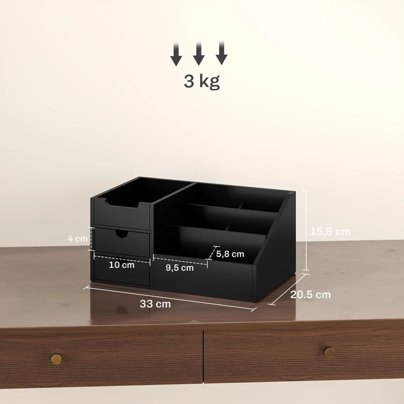 Boîte de rangement bureau 33 x 20 x 15 cm 7 compartiments 2 tiroirs compacte multifonction design épuré en bambou noir 21_0001733