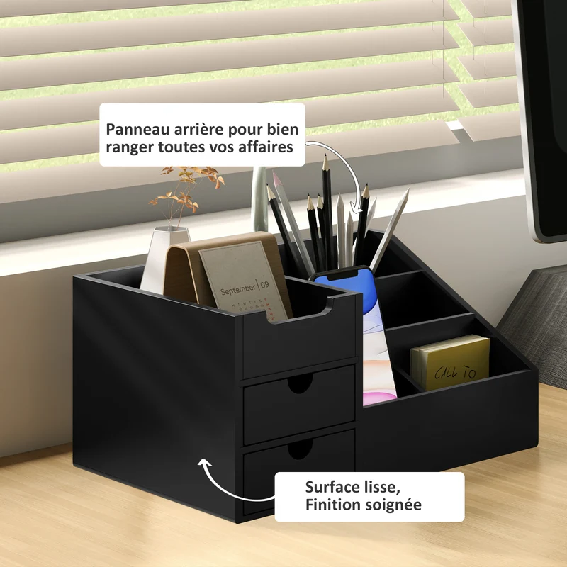 Boîte de rangement bureau 33 x 20 x 15 cm 7 compartiments 2 tiroirs compacte multifonction design épuré en bambou noir 21_0001733
