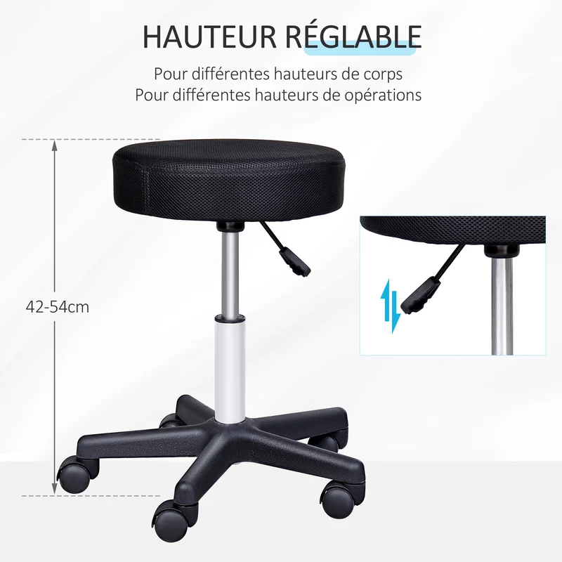 Lot de 2 tabourets de massage pour salon 48 x 48 x 54 cm hauteur réglable mobile moderne épuré en tissu en maille noir 21_0000783