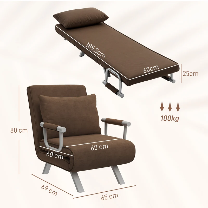 Fauteuil chauffeuse 1 place salon chambre 65 x 69 x 82 cm convertible déhoussable design contemporain en suède marron 21_0001686