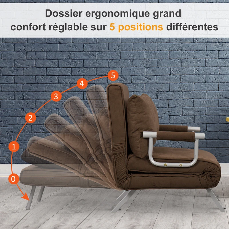 Fauteuil chauffeuse 1 place salon chambre 65 x 69 x 82 cm convertible déhoussable design contemporain en suède marron 21_0001686