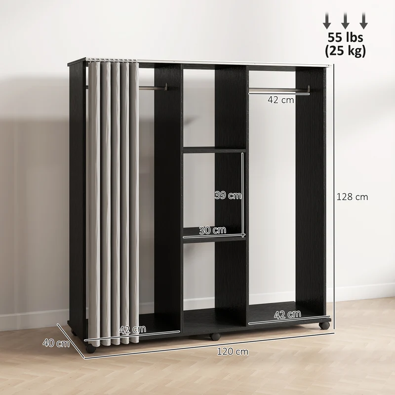 Armoire penderie 120 x 40 x 128 cm grand espace rangement 6 roulettes épuré contemporain en panneau de particule noir 21_0001427