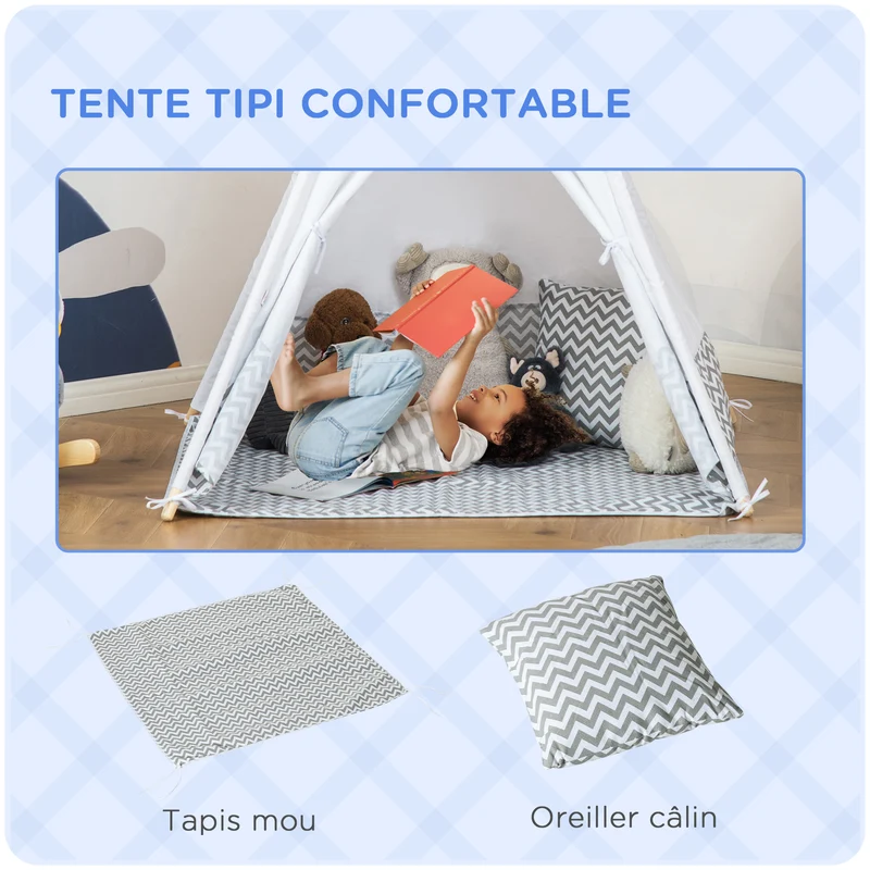 Tente de jeu tipi enfant 1,2 x 1,2 x 1,55 m porte refermable tapis rembourré coussin inclus scandinave en polyester gris 21_0000292