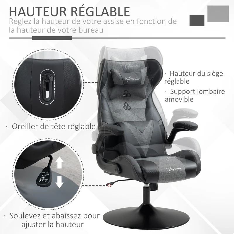 Fauteuil de jeu vidéo ergonomique 69 x 73 x 118 cm hauteur réglable assise très rembourrée design moderne en PU noir 21_0006214