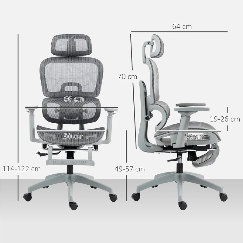 Chaise de bureau ergonomique 66 x 64 x 122 cm soutien lombaire appui-tête réglable moderne design stable en maille gris 21_0006293