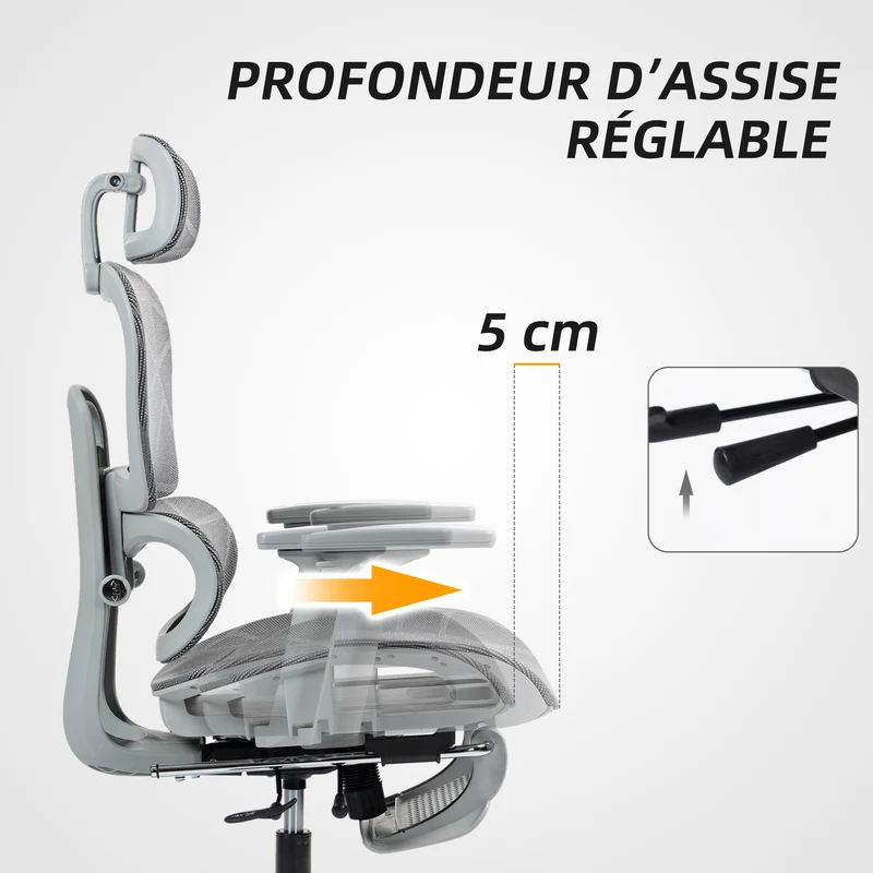 Chaise de bureau ergonomique 66 x 64 x 122 cm soutien lombaire appui-tête réglable moderne design stable en maille gris 21_0006293