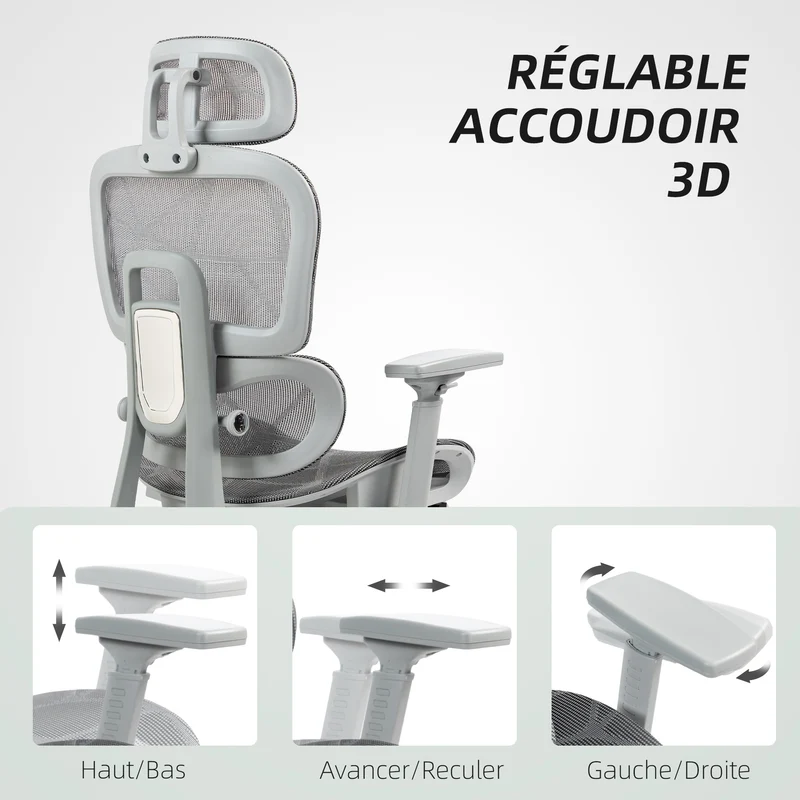 Chaise de bureau ergonomique 66 x 64 x 122 cm soutien lombaire appui-tête réglable moderne design stable en maille gris 21_0006293