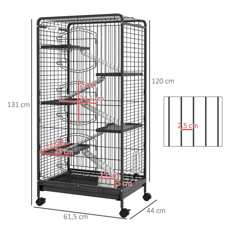 Cage pour petits animaux roulante 61.5 x 44 x 131 cm 5 rampes 5 plateformes bac amovible moderne épuré en métal noir 21_0007905