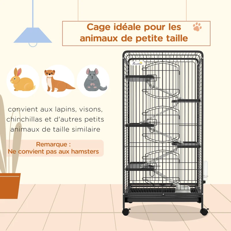 Cage pour petits animaux roulante 61.5 x 44 x 131 cm 5 rampes 5 plateformes bac amovible moderne épuré en métal noir 21_0007905