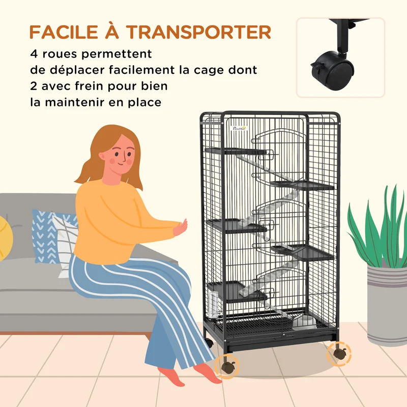 Cage pour petits animaux roulante 61.5 x 44 x 131 cm 5 rampes 5 plateformes bac amovible moderne épuré en métal noir 21_0007905